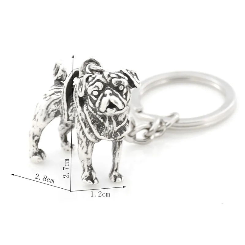 Retro Black Pug Keychain Vintage Silver Plated Dog Animal Key Chain Keyring Bag Charm Women Man Child Pet Lover Gift Jewelry