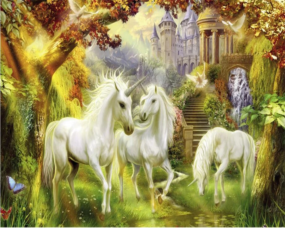 

Custom wallpaper European style forest white horse Unicorn oil painting children's room background walls 3D wallpaper