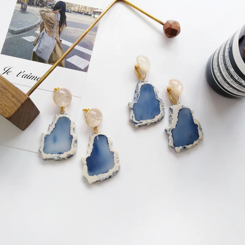 Acrylic Geometric Irregular Blue Mountain Stone Long Clip Earrings No Pierced Ears Resin Earrings For Women Girl Brincos