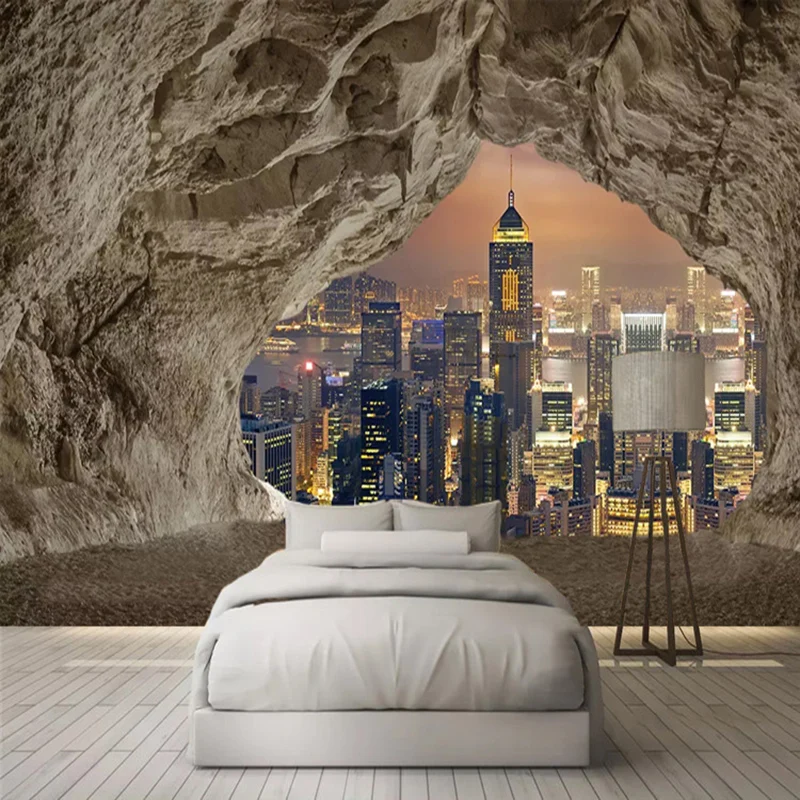 Custom Mural Wallpaper 3D Creative Cave Stone Wall City Night View Photo Poster Living Room Bedroom TV Background 3D Home Decor