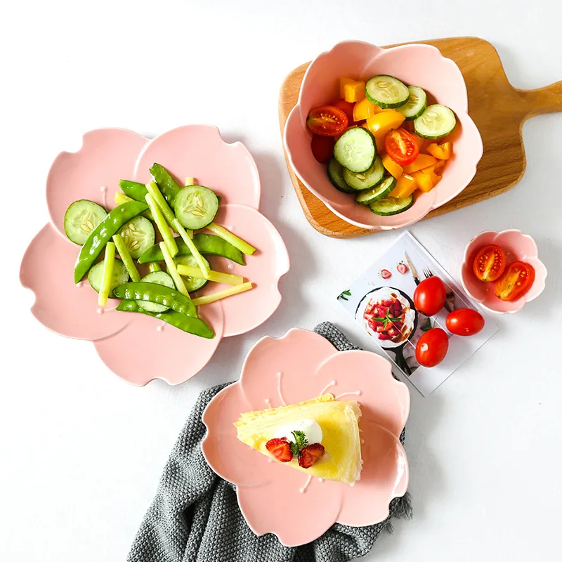 Ceramic Plate Set Assiette Dinner Plate Flower Dish Dessert Dish Sakura Shape Tray Flat Plate Porcelain Prato Basso-relievo 4pcs