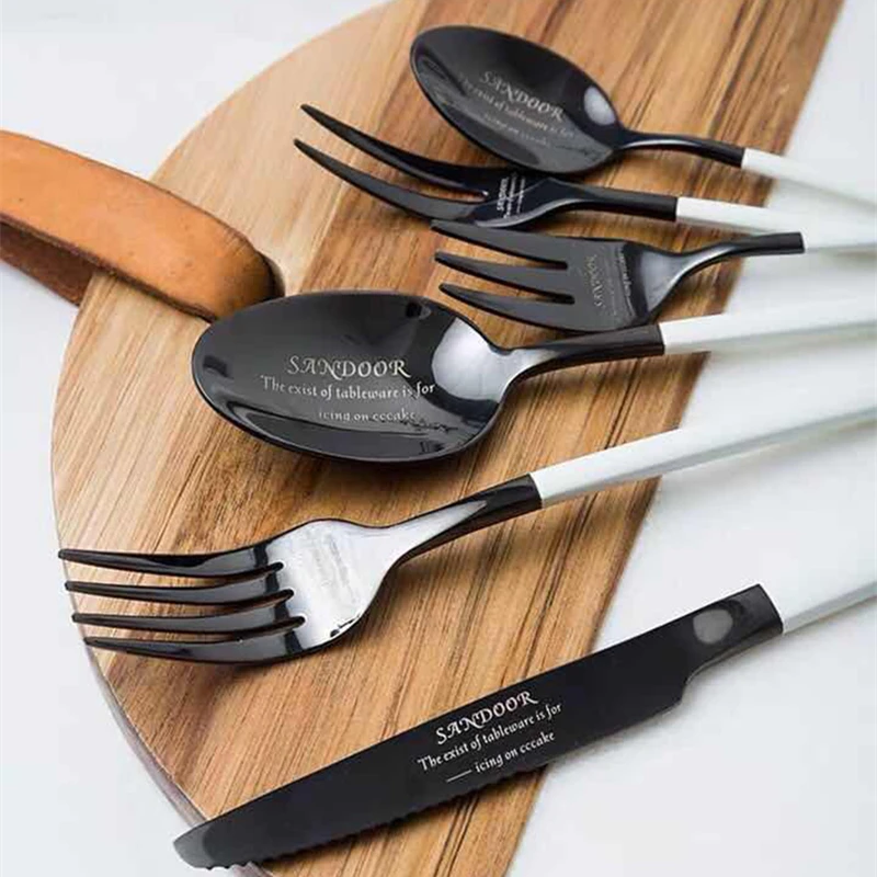 Main Fork Steak Knife Soup Scoop Flatware Set Coffee Scoops Simple Style Fruit Dessert Forks Black And White Dinner Cutlery Set