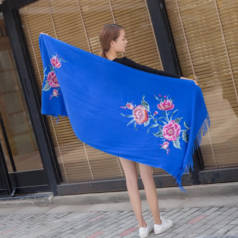 النساء التطريز الكشمير وشاح الشتاء شرابة الأزهار الباشمينا الحجاب الزهور الأوشحة السميكة طويلة الدافئة شالات المرأة الأوشحة الدافئة #5