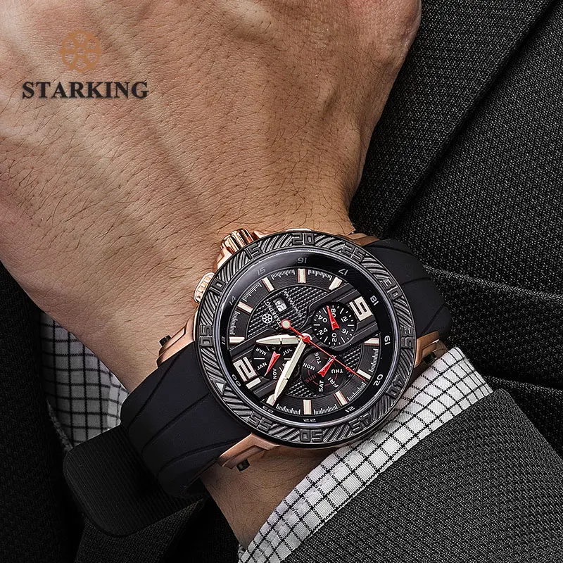 STARKING Quartz Watch Men Wristwatch Relogio Masculino Multi-Functional Original Hot Sports Watch Silicone Luxury Brand Black