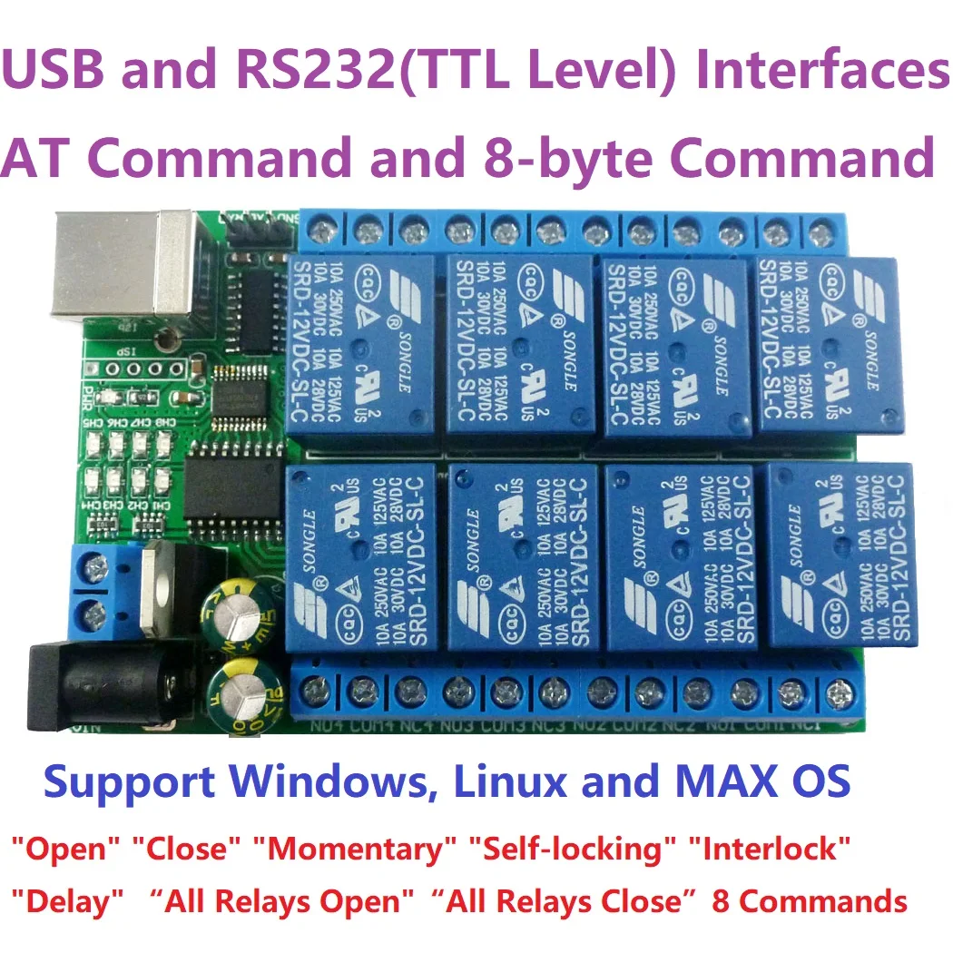 2PCS UD23A08 8 Channel USB COM Serial Port UART Relay Board RS232 TTL CH340 for WIN7 WIN10 Linux MAX Drive