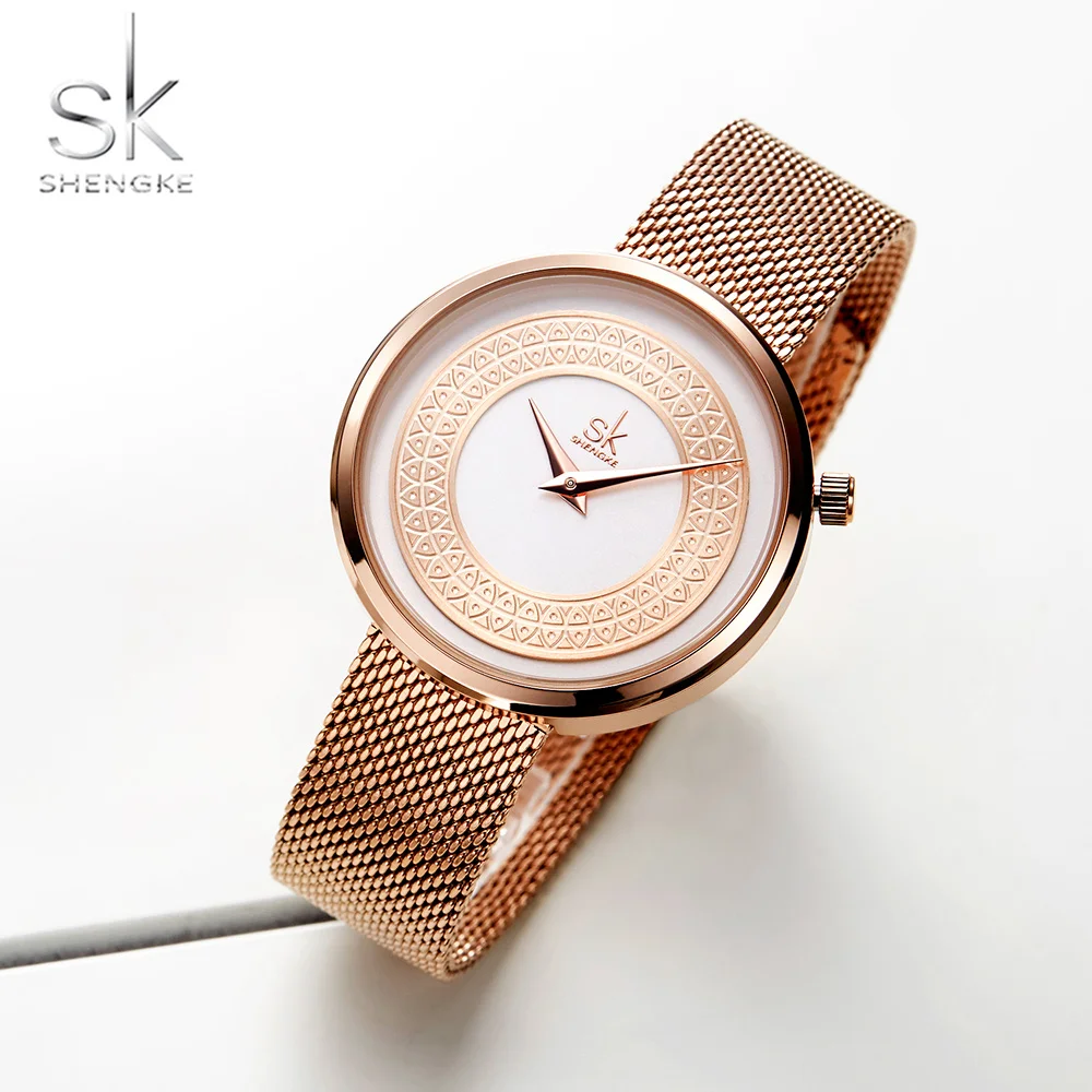 Shengke relógios femininos relógio de moda feminina design do vintage senhoras relógio de luxo marca clássica ouro metal fatia zegarek damski