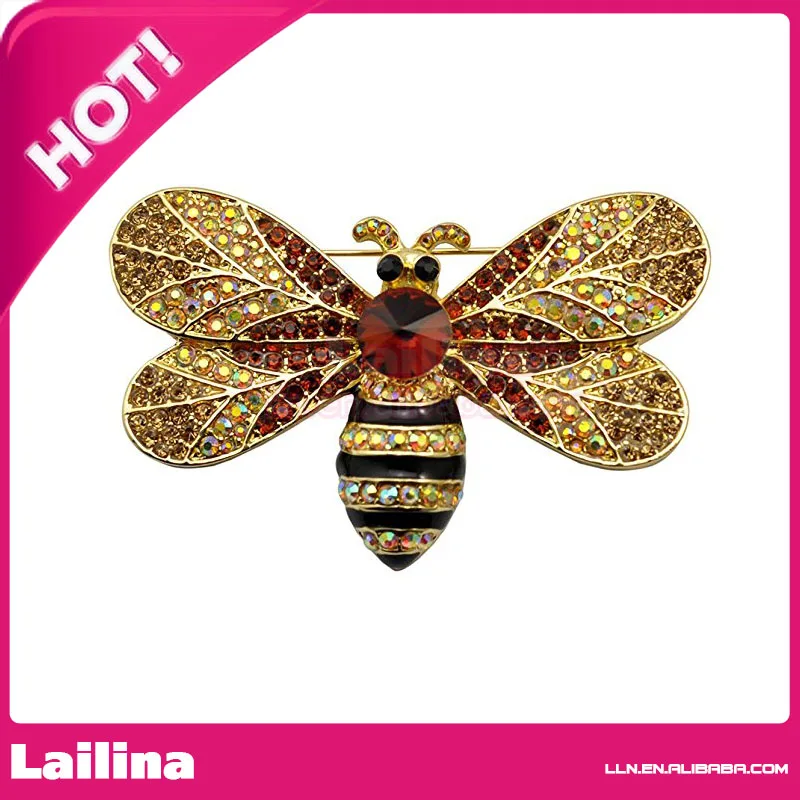 Sparkle Gold Tone Big Honeybee Pin Brooch With Brown Crystal