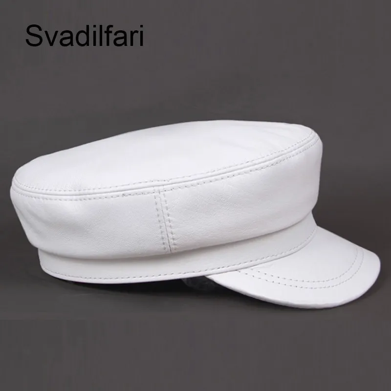 Fashion Real Leather Military Hat Spring Sailor Hat For Women Men Black White Flat Top Female Travel Cadet Cap Captain Cap