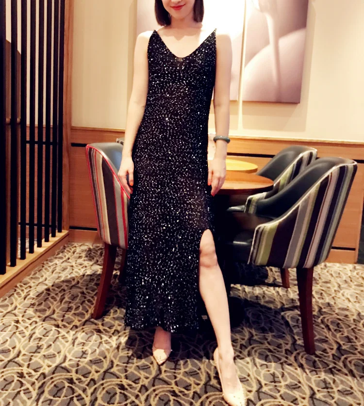 Cakucool Sequins Knit Dresses Sleeveless Shiny Gold Lurex Sundress Bodycon Slim Vestidos X-Long Slit See-through Elegant Dress