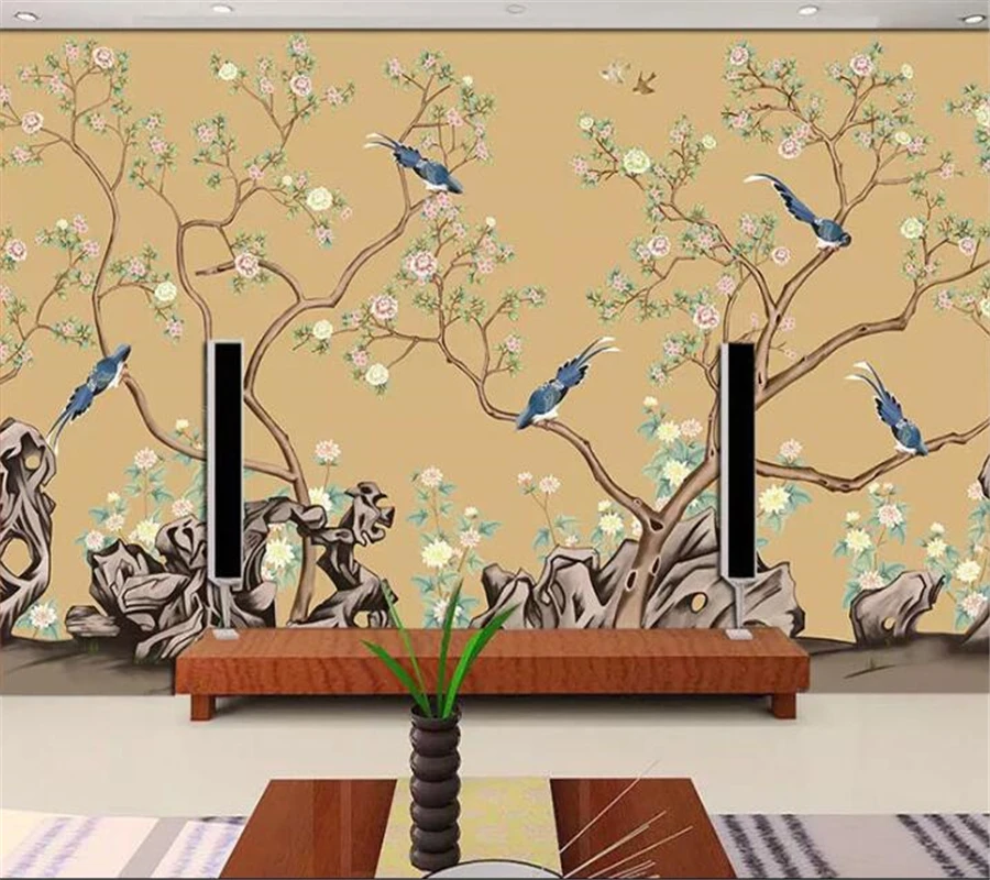 Custom wallpaper 3d photo mural new Chinese hand-painted flowers and birds TV bedroom wall hand-painted plum mural 3D wallpaper