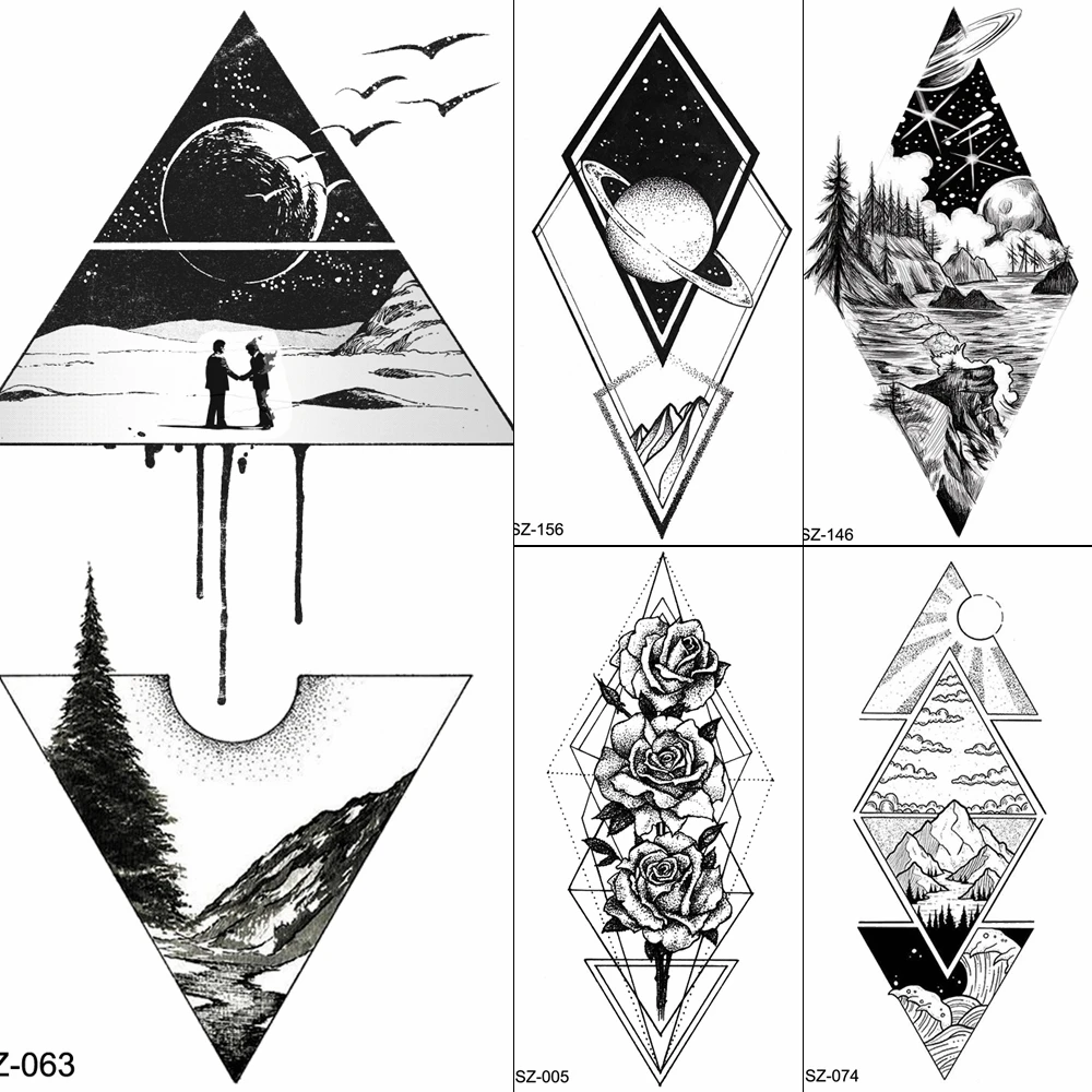 Geometric Tattoos Temporary Moon Men Body Arm Art Tattoo Stickers Birds Peak Fake Triangle Women Hill Tatoos Planet Xmas Gifts