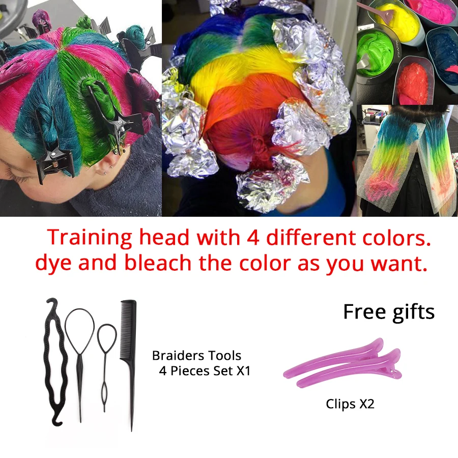 Human Hairdresser Training Head Special For Practice Dye Hair 4 Different Color On One Head American White Skin Female Doll Head