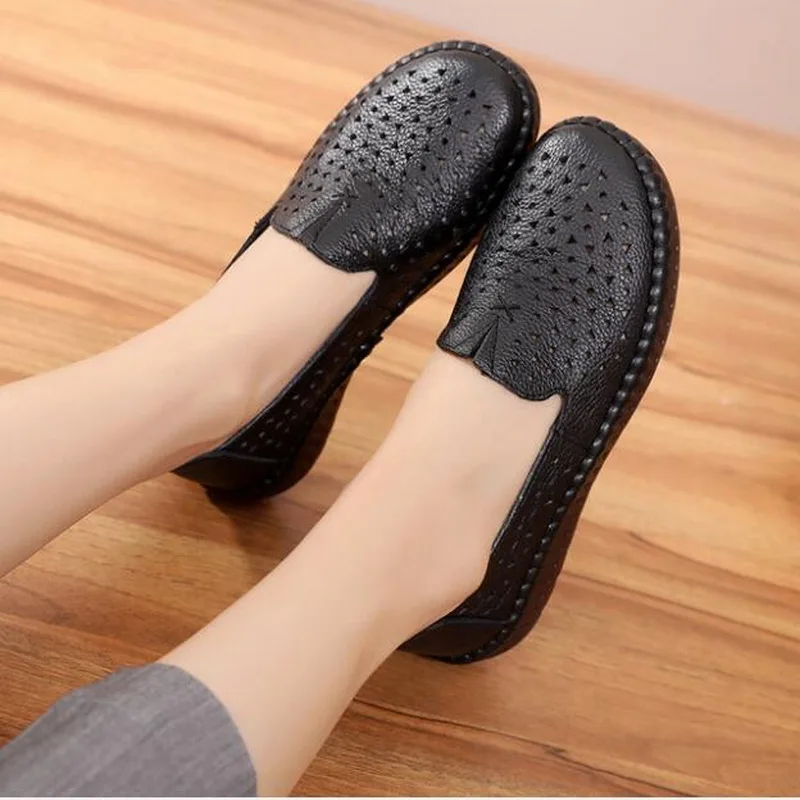 

Summer Hollow Out Women Flats Slip on Ballet Flats Shallow Hand-made Genuine Leather Womens Loafers