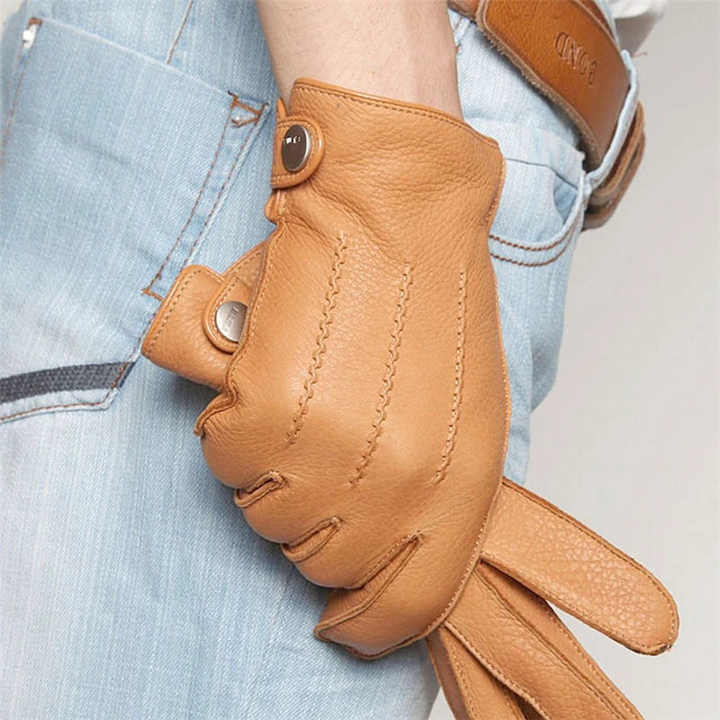 New High Quality Rushed Men Genuine Leather Gloves Luxury Deerskin Glove Wrist Driving Winter Cashmere Lining EM012WR-5