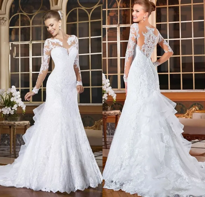 Giá rẻ Đầm Vestido de noiva 2019 Tự Làm Vestidos de novia Tay Dài Ren Nàng Tiên Cá Váy Cưới xù Đuôi Cá Áo Cưới