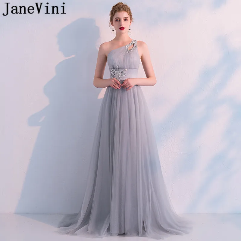 JaneVini คริสตัลสีเทาหนึ่งไหล่ชุดราตรียาว Tulle ลูกปัดแม่บ้านของ Honor ชุดเจ้าสาวงานแต่งงาน 2018