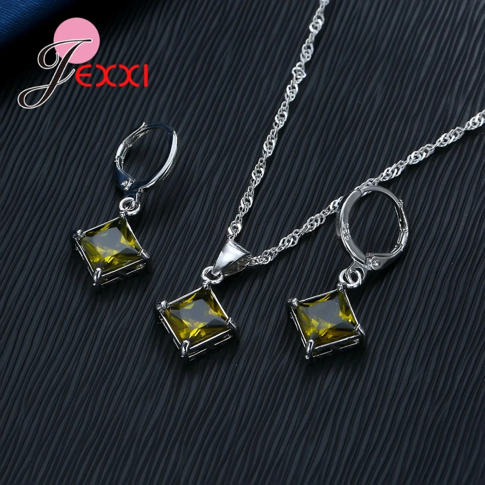 Geometric Modeling  Set Necklace Earrings 5A 925 Sterling Silver Color For Wedding Engagement Jewelry Party Gift Girl