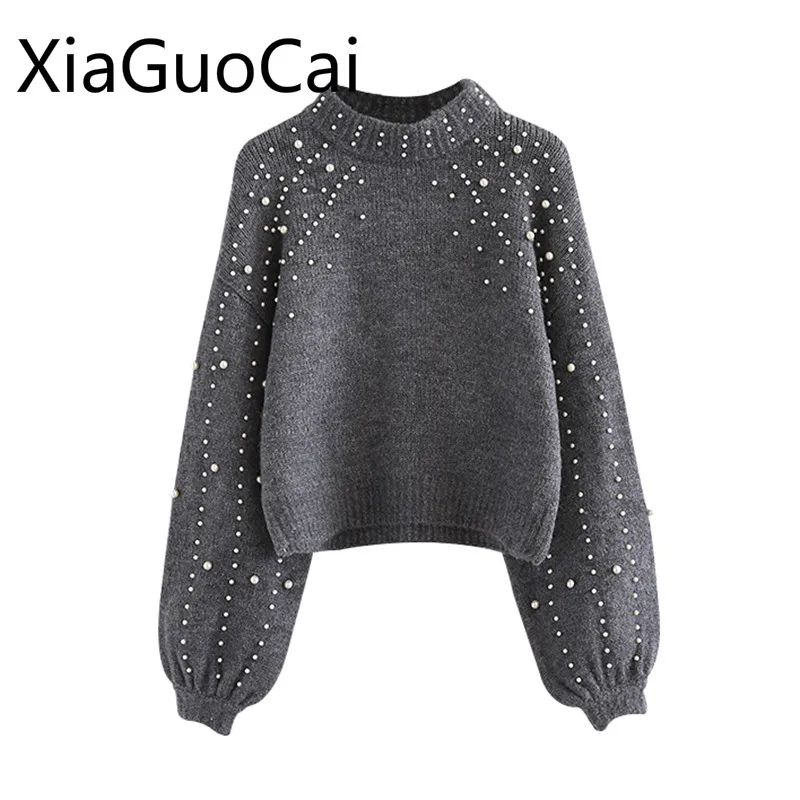 

Pearl Fashion Women Sweaters O-neck Lantern Cashmere Sleeve Crop Pullover Beading Spring Thick Sweaters Gray Clothing W9 35