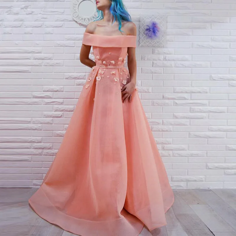 

Peach Muslim Evening Dresses A-line Off The Shoulder Tulle Flowers Long Islamic Dubai Saudi Arabic Long Formal Evening Gown