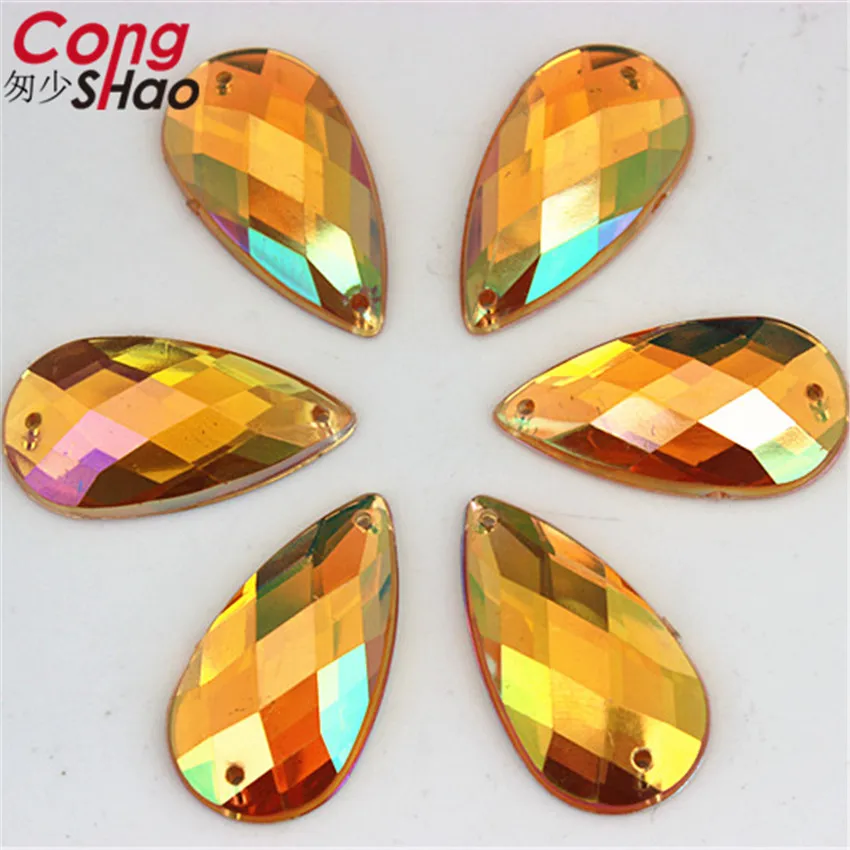 Cong Shao 50pcs 16*30mm AB Color Drop Acrylic rhinestone stones crystals flatback sewing 2 Hole DIY Wedding Dress Button CS421