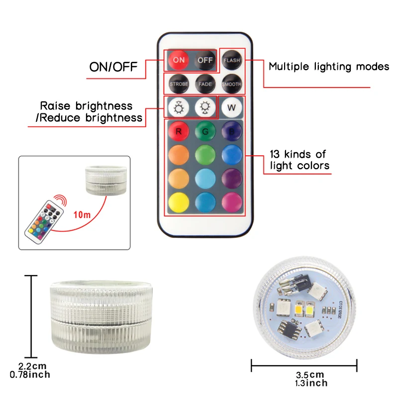 بطارية تعمل بالطاقة LED أضواء تحت الماء RGB غاطسة ضوء IP68 مقاوم للماء عن بعد حمام سباحة ليلة مصباح ديكور حفل زفاف #6