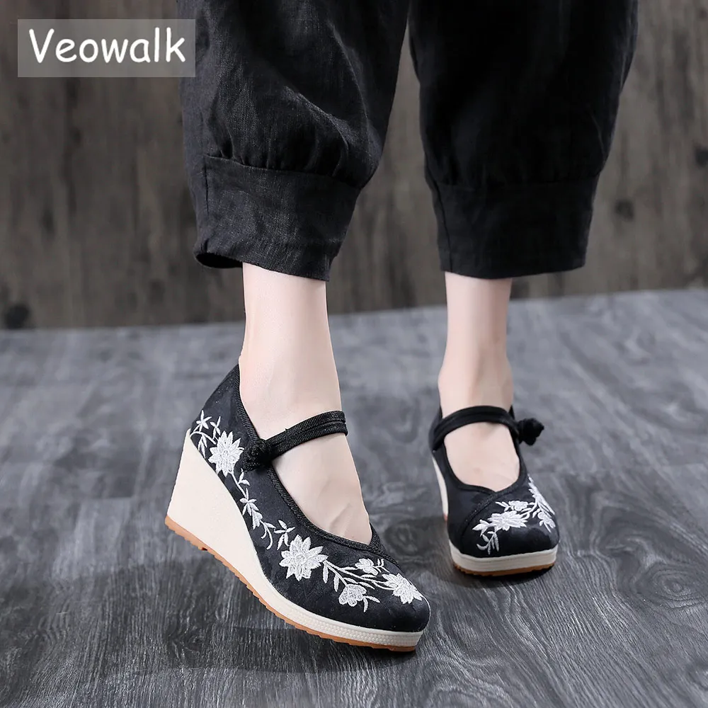 Veowalk Vegan Women Embroidered Canvas Wedge Platform Shoes Comfort Cotton Embroidery Vintage Ladies Casual Wedged High Heels