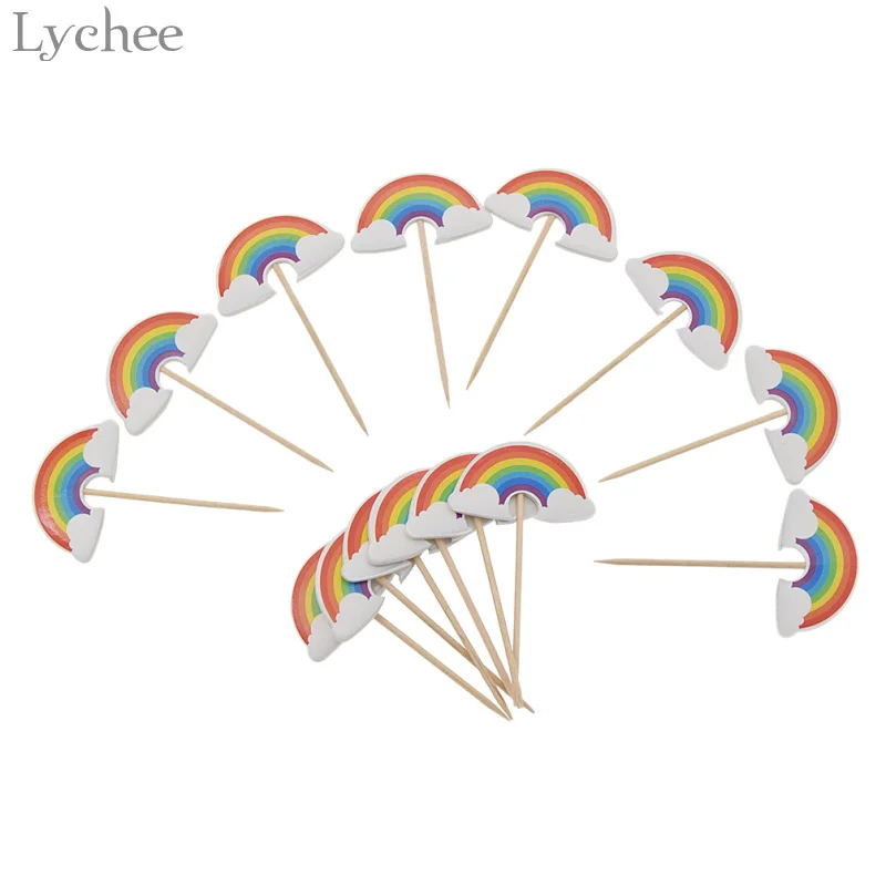 Lychee Life 24pcs Cartoon Rainbow Cupcake Toppers Kids Birthday Party Wedding Decorations Cake Flag Supplies