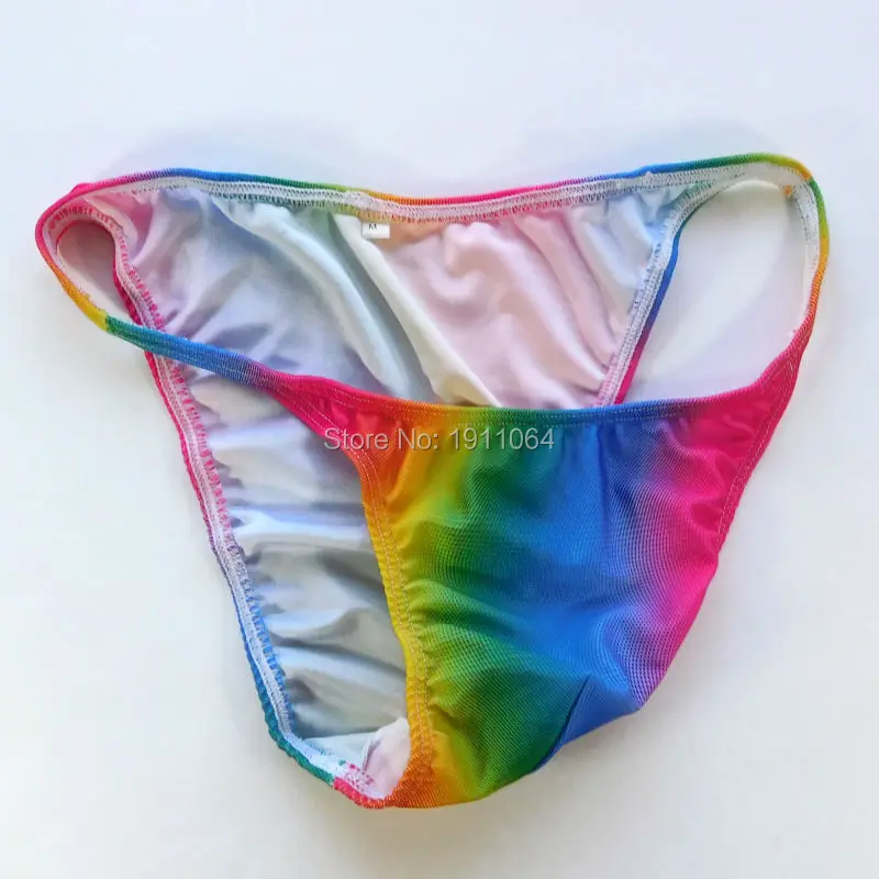 Mens String Bikini Stripe Jersy nylon Spandex G3774 Narrow Waist Rainbow Colors Swimsuit Fabric