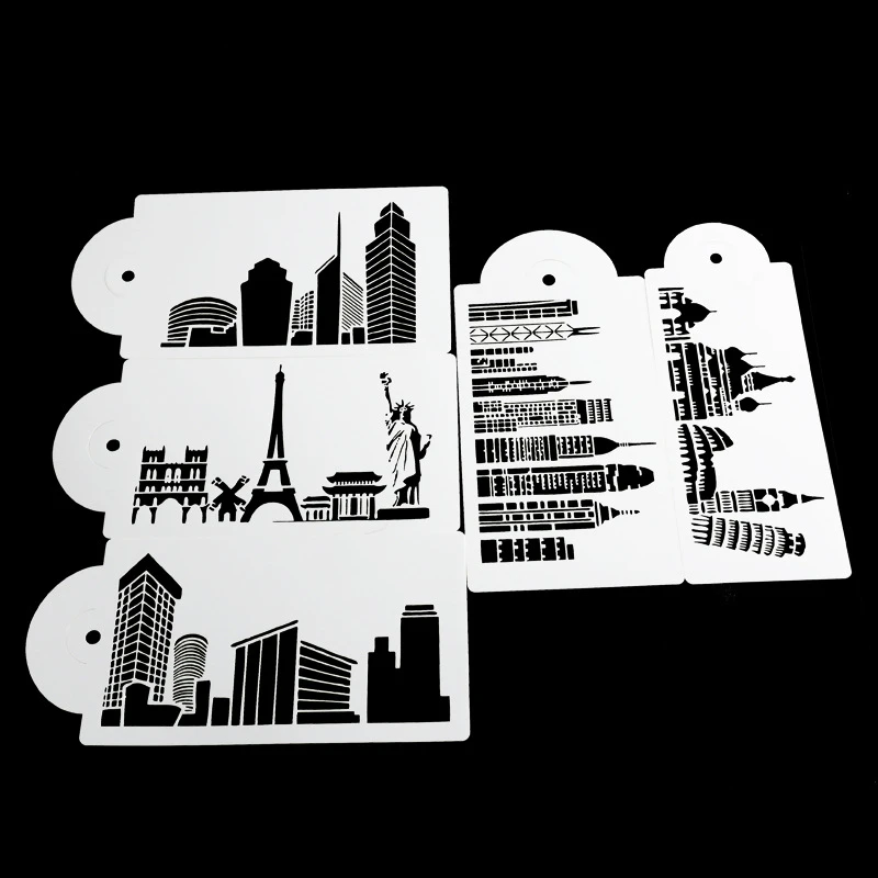 Aomily 5PCS/Set Buildings Cake Stencils Cookies Mousse MoldCoffee Cappuccino Template Baking Sugarcraft Cake Decorating Tools