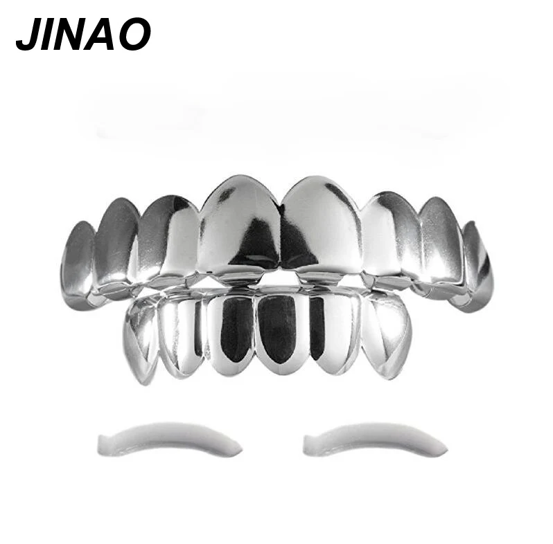 JINAO 8 Teeth GOLD Color PLANTING Top Bottom GRILL Bling Mouth Teeth Caps Hip Hop Grillz Gold teeth Grills