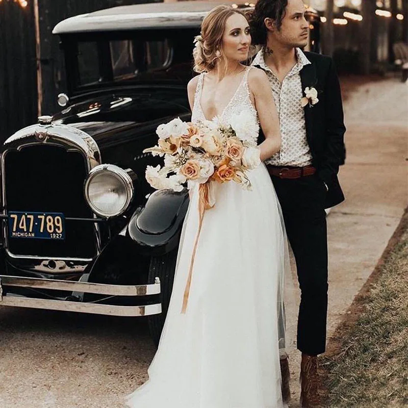 Vestido de novia blanco marfil con cuentas de princesa, traje de boda con espalda descubierta bohemio, línea A, tul, perlas, 2019