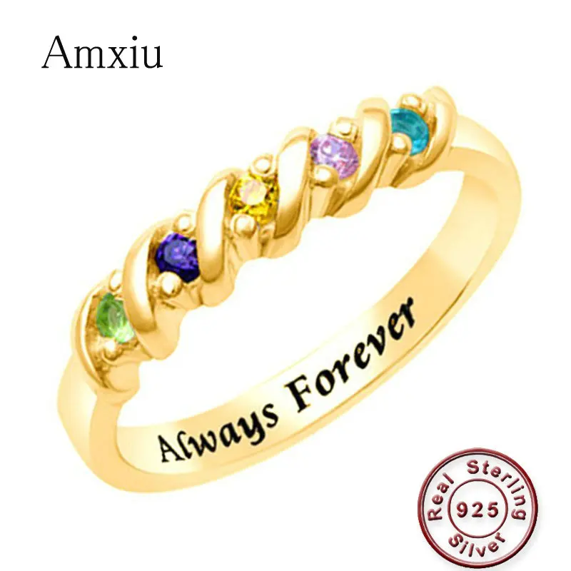 

Amxiu Handmade 925 Silver Ring Customize Name Ring with Five Birthstones Colorful Zircon Rings For Women Mother's Special Gift