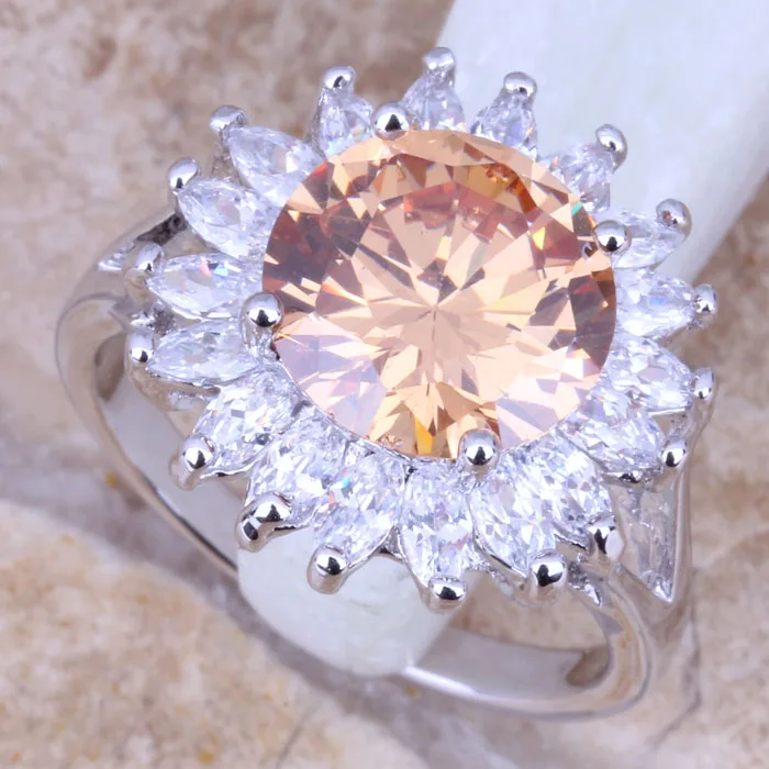 Superb Champagne Morganite White CZ Silver Plated  Women's Ring Size 6 / 7 / 8 / 9 R0821