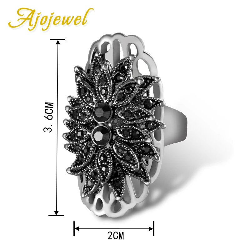 Ajojewel Vintage Style Exaggerated Big Ring Women Unique Black Crystal Rhinestone Flower  Jewelry Rings