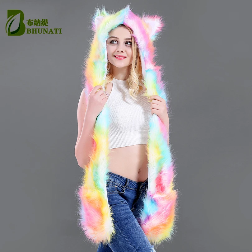 

2024 Multi-Colored Faux Fur Hat 3 In 1 Ladies Fashion Winter Hat Scarf Gloves Cute Cartoon Animal Hat