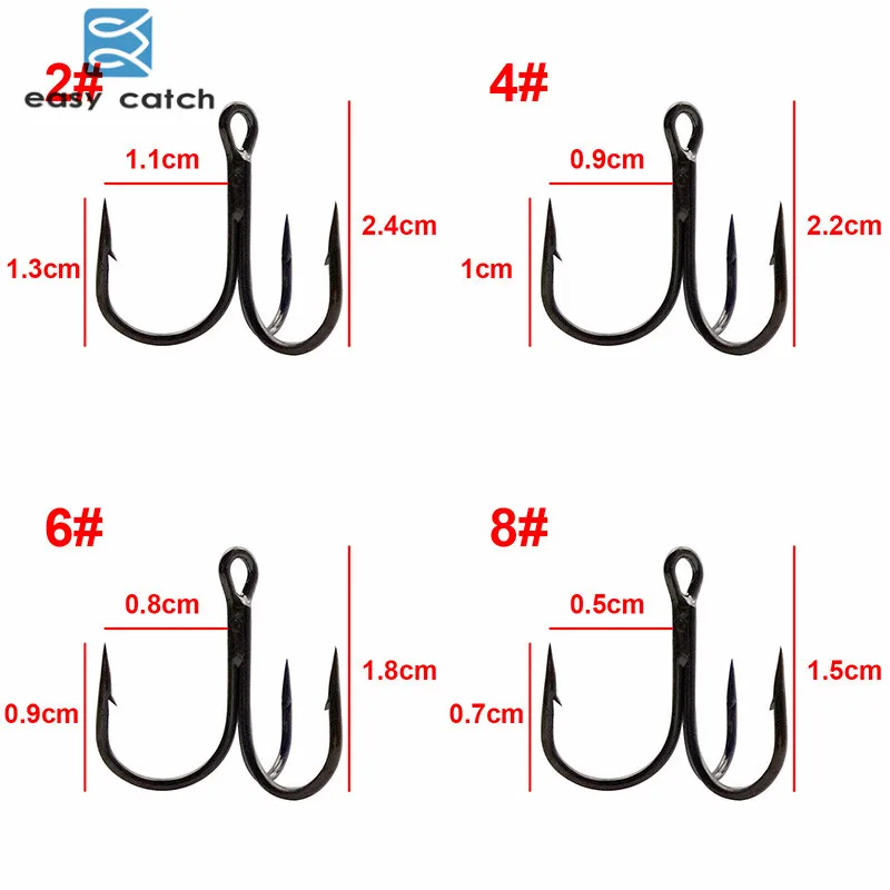 Easy Catch 100pcs 35647 Treble Fishing Hooks Black Small Round Bent Triple Hard Lure Spoon Fishhook Size 2 4 6 8 10 12 14