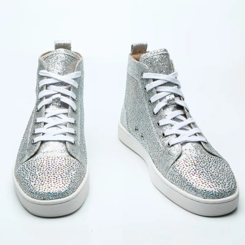 Men Casual Shoes High Top Sneakers Shiny Crystal Sneaker Lace-up Silver Glitter Flat Rhineston Walking Male Shoes