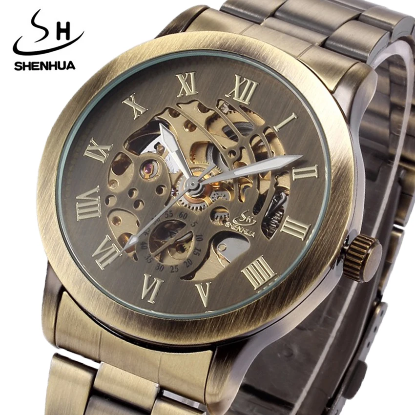 2022 SHENHUA Top Brand Retro Mechanical WristWatches Men Stainless steel Automatic Skeleton Male Watches Clock Relogio Masculino