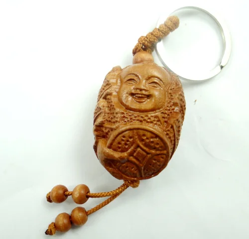 Natural mahogany three-dimensional engraving Buddha wood keychain Buddha key ring jewelry gift for men and women 1pc