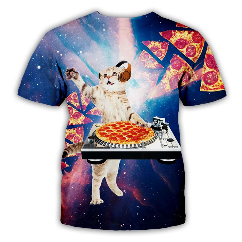 PLstar Cosmos DJ Pizza cat T-shirt Men Women Animal 3D T Shirt Hip hop Summer Short Sleeved Breathable Tshirt Plus Size