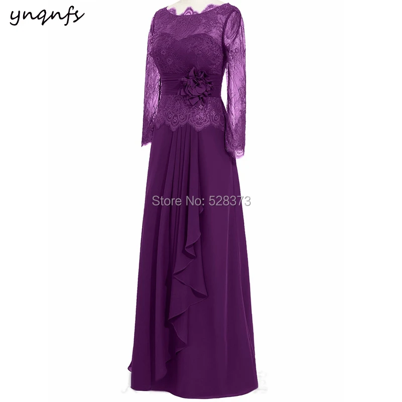 YNQNFS MD182 Elegant Long Mother of the Bride/Groom Dresses Outfits Lace Long Sleeve Blue/Purple/Grape 2019