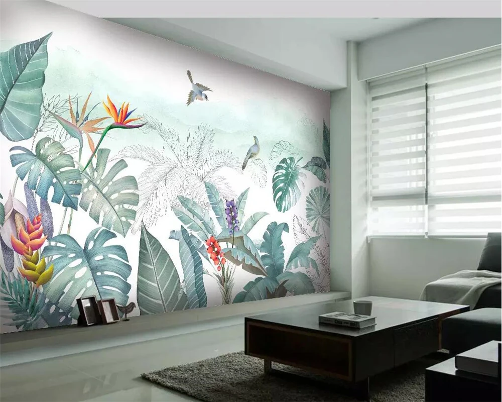 

Customized Wallpaper hand drawn small fresh tropical plants flowers and birds TV background walls decoration murals 3d wallpaper