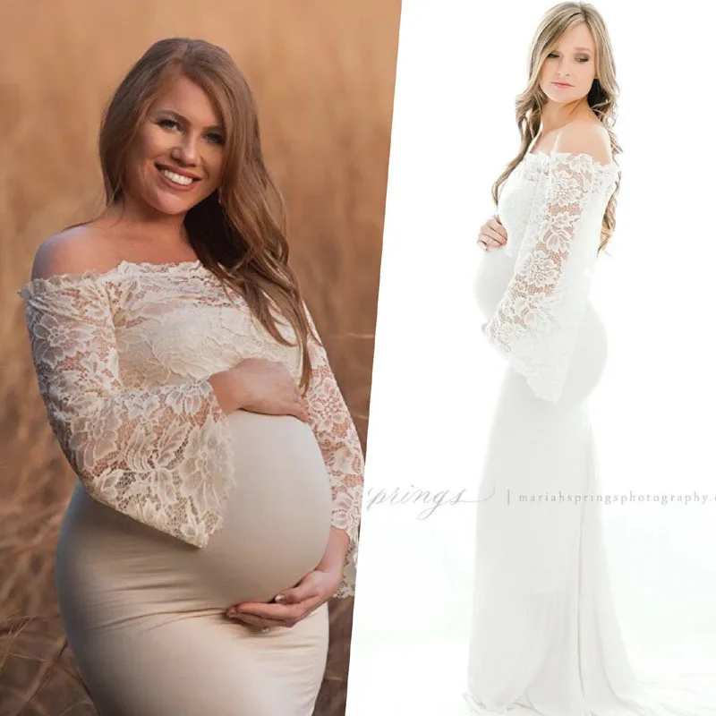 

New 2019 Lace Top Maternity Photography Props Dresses For Pregnant Women Clothes Shoulderless Photo Shoot Pregnancy Lace Dresses