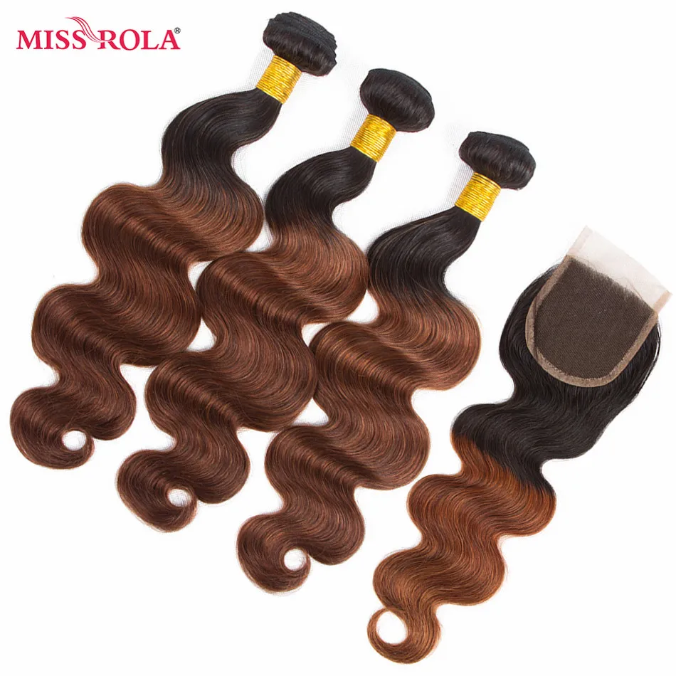 Senhorita Rola-Cabelo Onda Do Corpo Peruano, Tecelagem 3 Pacotes com Fecho, 100% Cabelo Humano, Extensões De Cabelo Remy, T1B/33, Cor Ombre