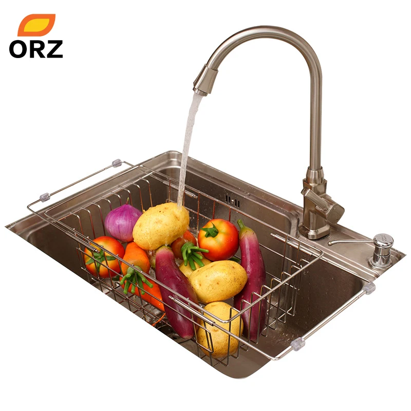 ORZ Kitchen Fruits Vegetables Draining Rack Stainless Steel Adjustable In-Sink Dish Bowl Drainer Drying Basket Storage Tray