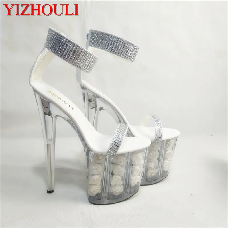 Best selling hollow glass slipper, 20 cm super high heels, rose banquet stage sandals