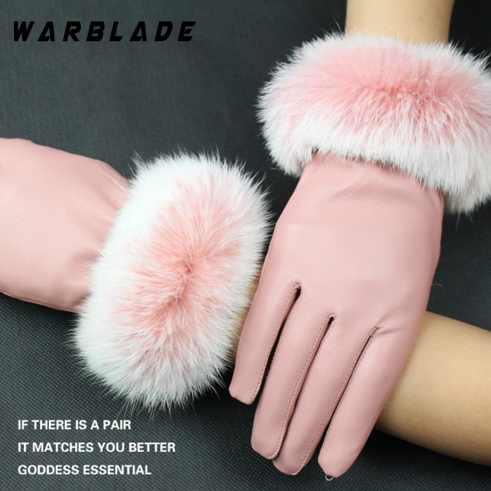 WarBLade Fashion Winter Women Outdoor Casual Gloves Leather Plush Windproof Full Finger Wrist Mittens Lady Warm Rabbit Fur Glove