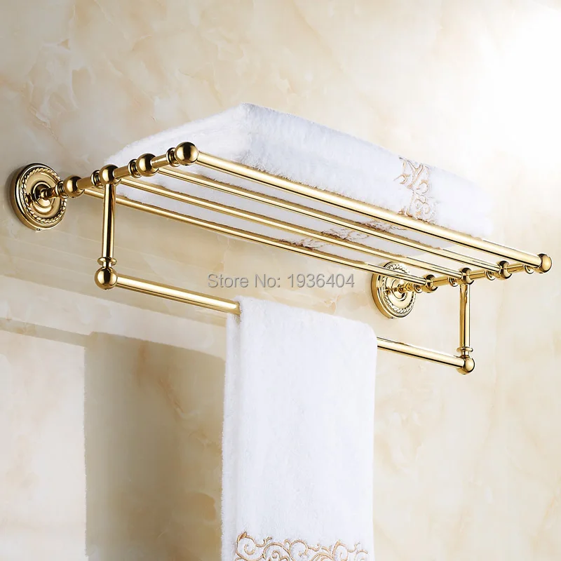 Luxury Euro Design Golden Finish Antique Brass Bathroom Towel Racks Romatic Double Towel Rack Wall Mounted Towel Shelf TR1003