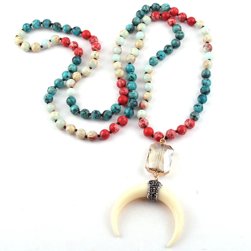 Fashion Bohemian Tribal Jewelry 108 Beads Multi Stone Knotted Crystal Link White Moon Charm Pendant Necklace Wome Yoga Necklace