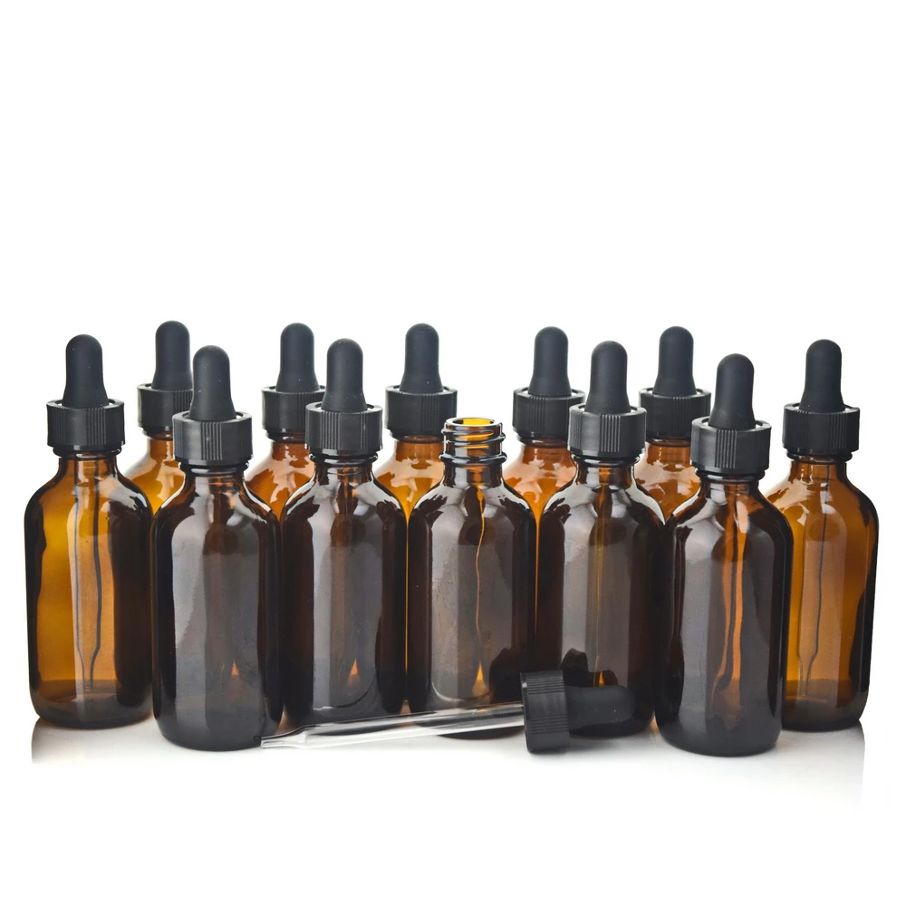 12pcs 2 Oz 60ml Eye Dropper Bottle Empty Refillable Amber Glass Tincture Bottles with Pipette for Essential Oils Lab Chemicals